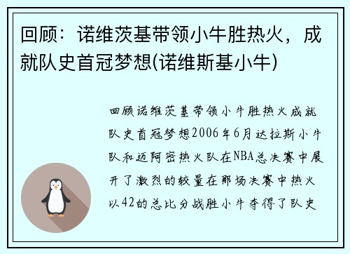 回顾：诺维茨基带领小牛胜热火，成就队史首冠梦想(诺维斯基小牛)