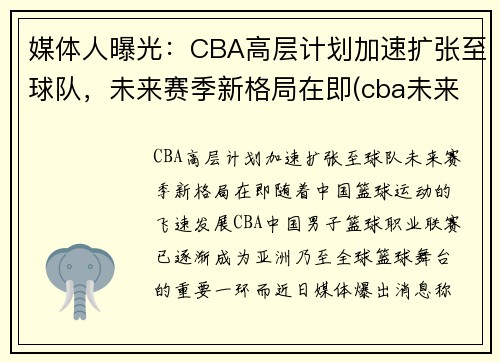 媒体人曝光：CBA高层计划加速扩张至球队，未来赛季新格局在即(cba未来会扩军到多少球队)