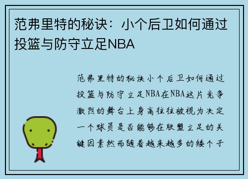 范弗里特的秘诀：小个后卫如何通过投篮与防守立足NBA